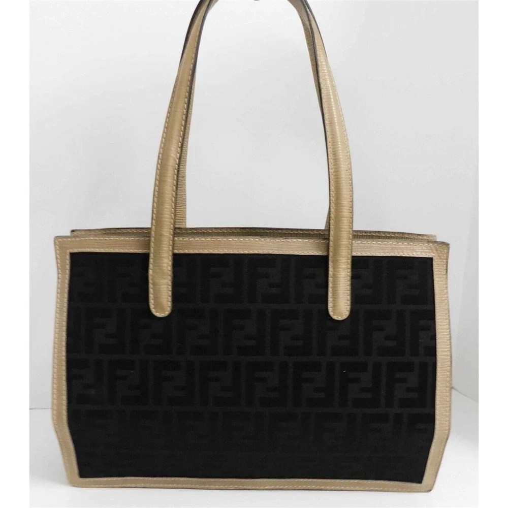 Fendi Vintage Black‎ Zucca FF Canvas Khaki Leather Shoulder Bag